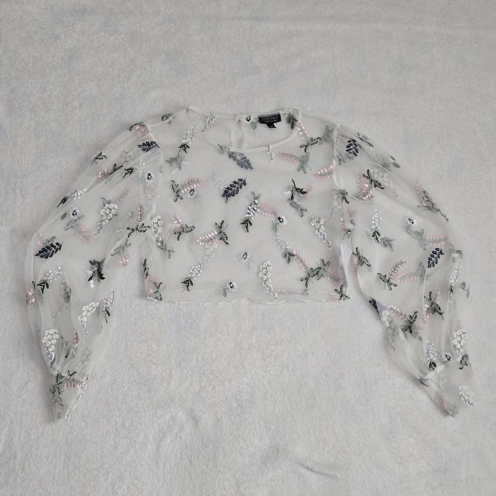 Women's Top Shop Shirt Sheer Tulle with Puff Sleeves Size 6 Embroidered TopShop - Picture 3 of 7